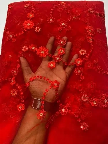Red Floral Net Fabric